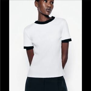 Zara White Ribbed Top with Navy Trim Ringer